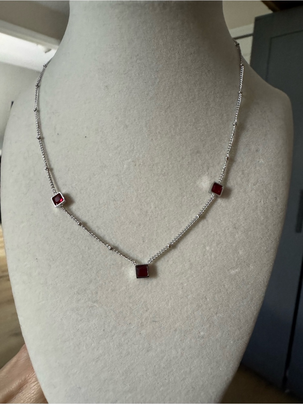 Sterling Silver Necklace with Red Square Gem Accents